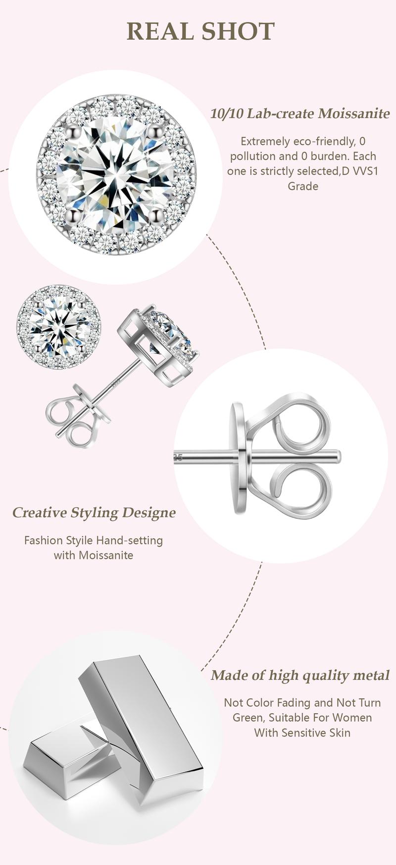 Delzzad S925 Halo VVS Synthetic Moissanite Stud Earring Daily Costume Jewelry Accessories Perfect Birthday Wedding Anniversary Gifts for Women