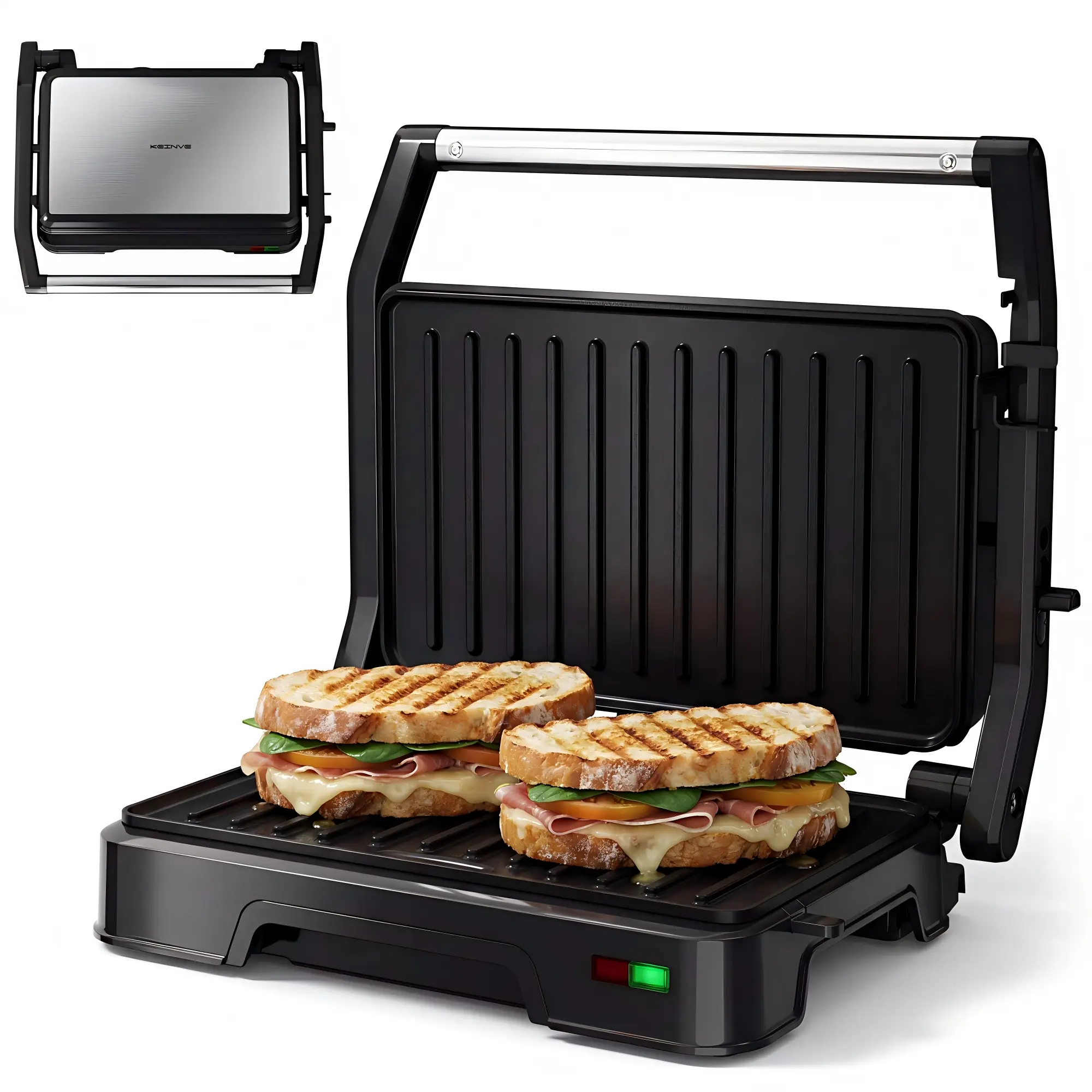 KEINVE 2-Slice Panini Press Grill & Sandwich Toaster - 900W Kitchen Appliances Electric Grill with 180° Adjustable Hinge, Nonstick Cast Aluminum Plates, Nonstick Griddle, Easy Cleaning for Panini, Steak, Bread Adjustable Bbq Grill Universal Griddle