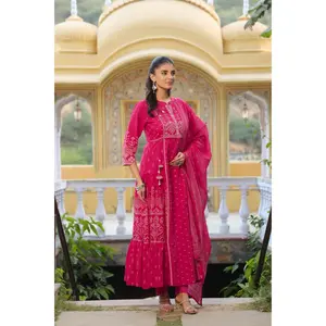 Cotton Pink Anarkali Kurta Set Ethnic Printed A-Line Long Tunic with Dupatta -Traditional Festive Wear