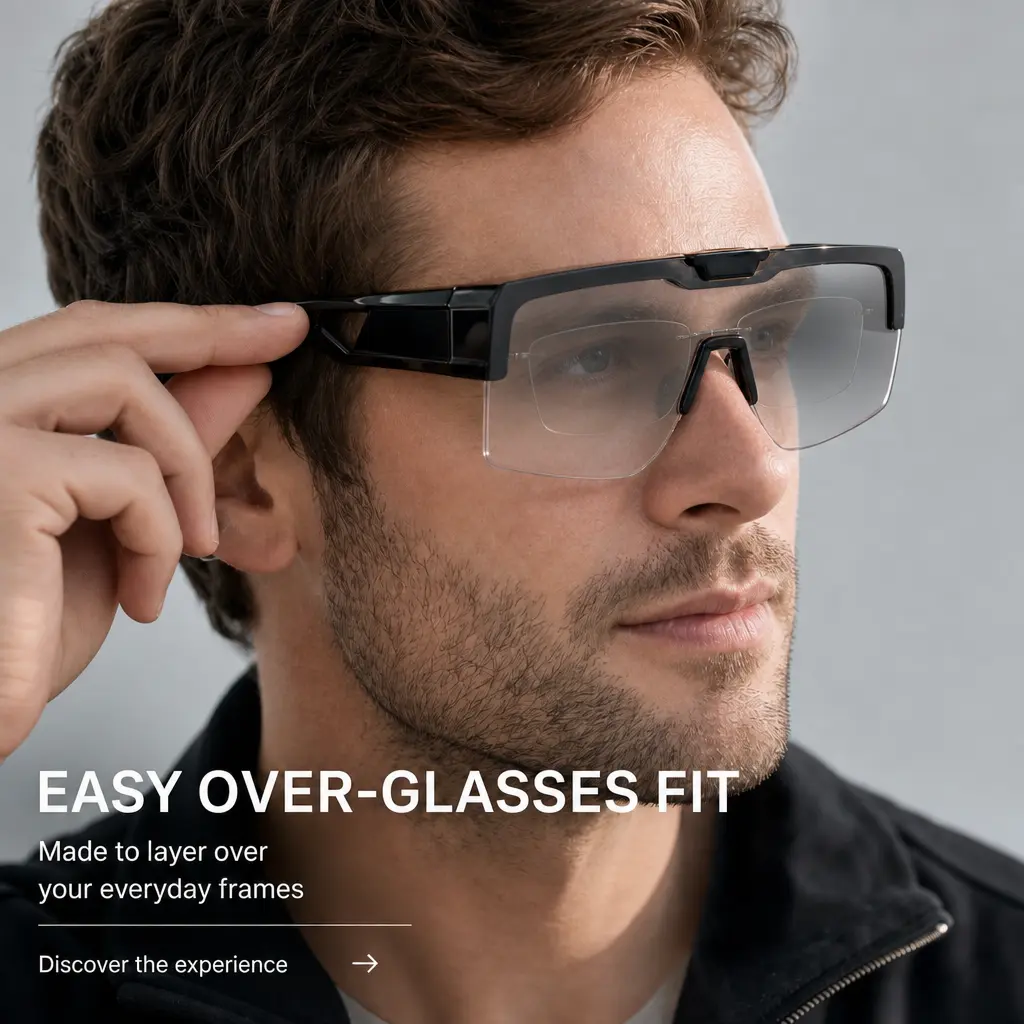 Fit Over Sunglasses for Men & Women, Photochromic TR90 Wraparound Polycarbonate Flip-Up Half Frame Impact-Resistant Lenses for Pickleball & Driving