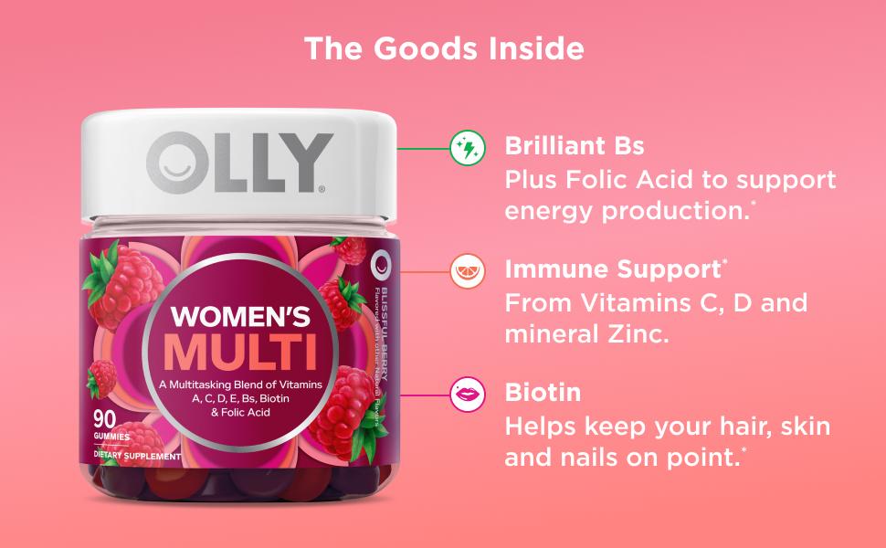 OLLY Women's Multivitamin Gummy - Vitamins A, D, C, E, Biotin, Folic Acid - Adult Chewable Vitamin, Blissful Berry Flavor, 90 Gummies, 45-Day Supply