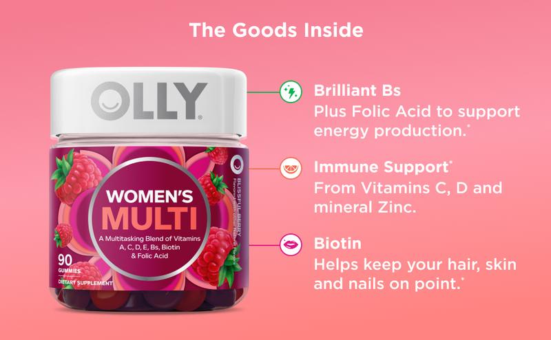 OLLY Women's Multivitamin Gummy - Vitamins A, D, C, E, Biotin, Folic Acid - Adult Chewable Vitamin, Blissful Berry Flavor, 90 Gummies, 45-Day Supply