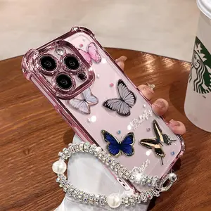 Five Butterflies Pattern Women's Phone Case for iPhone 11/12/13/14/15/16/17 Pro Max, Pink Chrome Alloy Frame Reinforced Corner Protection Protective Phone Cover
