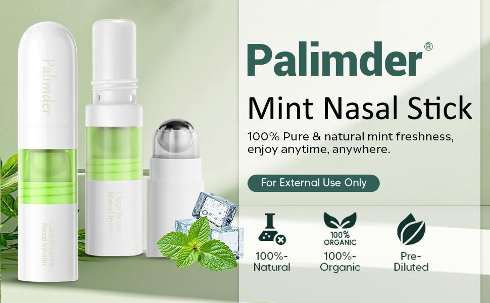 Palimder Mint Nasal Stick  with Peppermint Oil - Drug-Free Portable Nasal Inhaler for Sinus Relief & Mental Clarity Soothing Aromatherapy Stick for Adults & Students 1 Count Anti-fatigue anti-itching and mosquito bite prevention