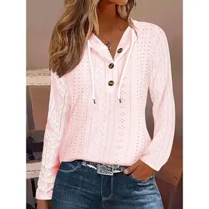 Women's Casual Polyester Strap Pullover Sweatshirt with Embroidered Eyelet Detail, Long Sleeve Knitted Fabric, Button Twist, Loose Fit Suitable for All Seasons Knitwear Tops