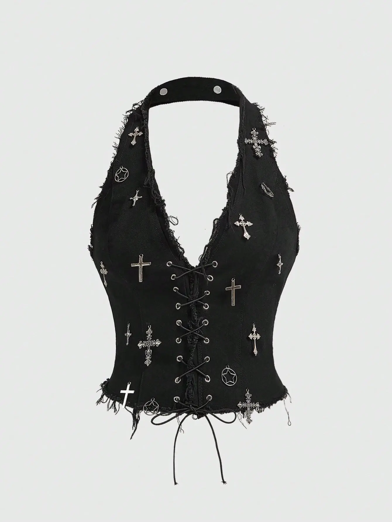 LALUZ Black Metal Cross Decor Halter Denim Top Bodycon Retro Vintage Sexy Streetwear Fashion Date Night Outfit Cropped Top Vintage Style