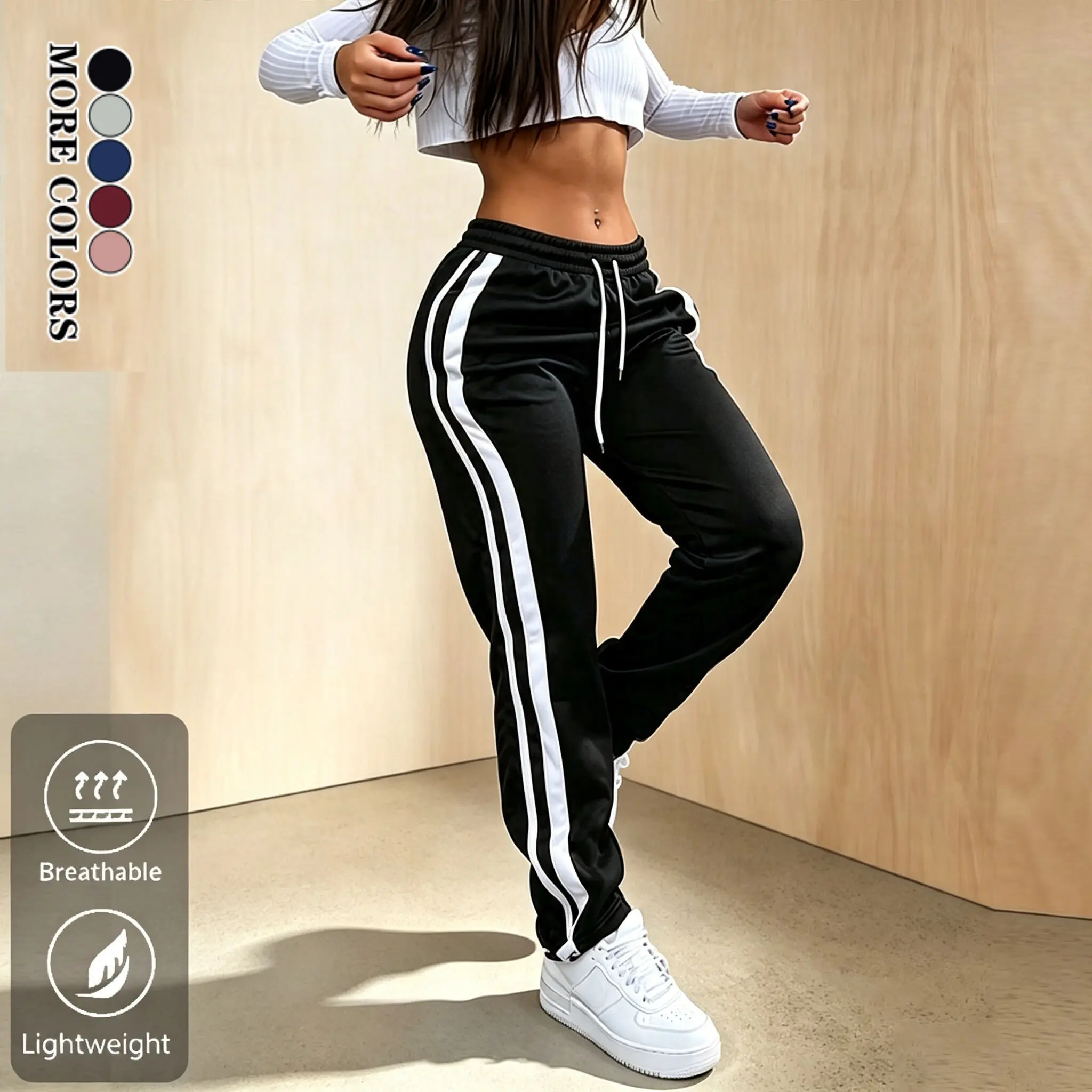 Women’s all-season new side-striped athletic pants—sweet‑cool sporty style with a drawstring elastic waistband; casual pants suitable for fitness, everyday wear, going out, and campus outfits.