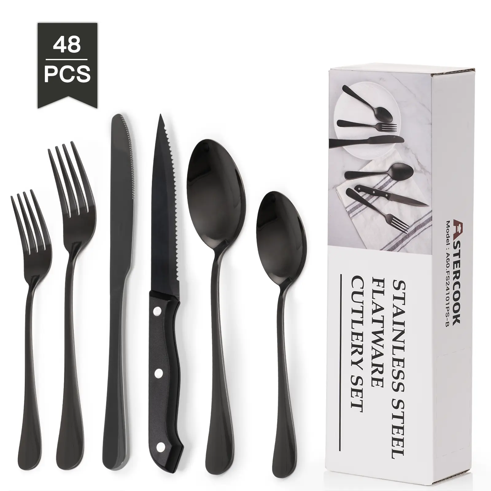 [Summer Vibes]Astercook 24/48Pcs Stainless Steel Cutlery Set,  utensil combines spoon fork and knife Set, Suitable For Home, Restaurant, Dishwasher Safe Tableware Utensils Kitchenware