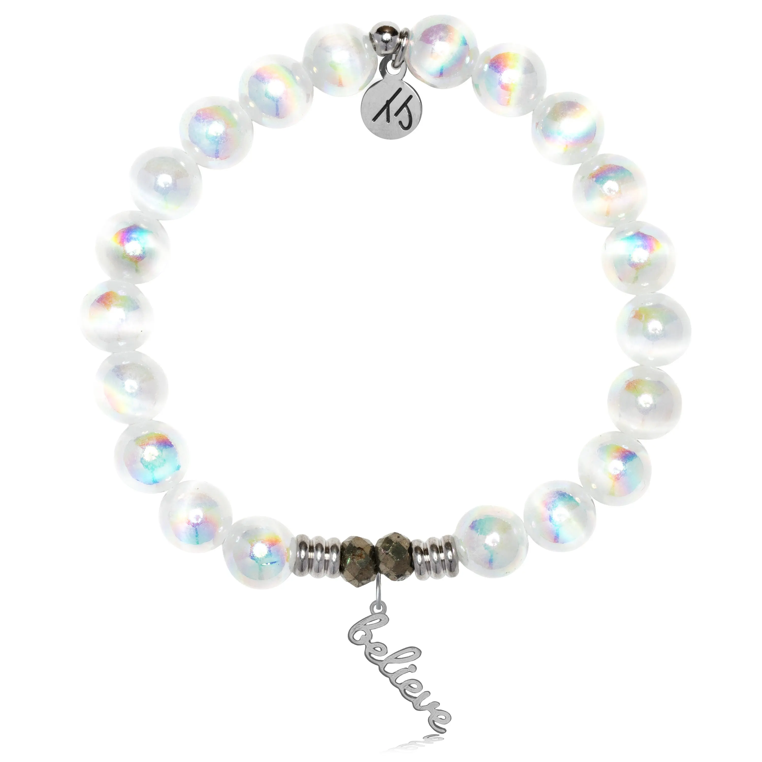 White Selenite Gemstone Bracelet with Believe Sterling Silver Charm