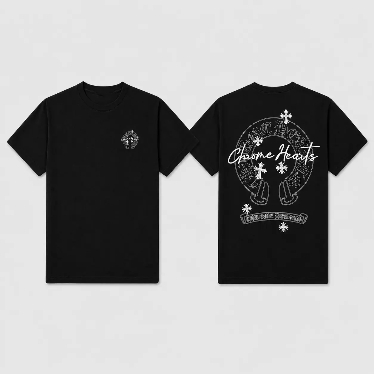Chrome Hearts Horseshoe Cross Graphic Shirt, Gothic Script Two Sided Tee, Cross Logo Back Print T-Shirt, Y2K Luxury Streetwear Top