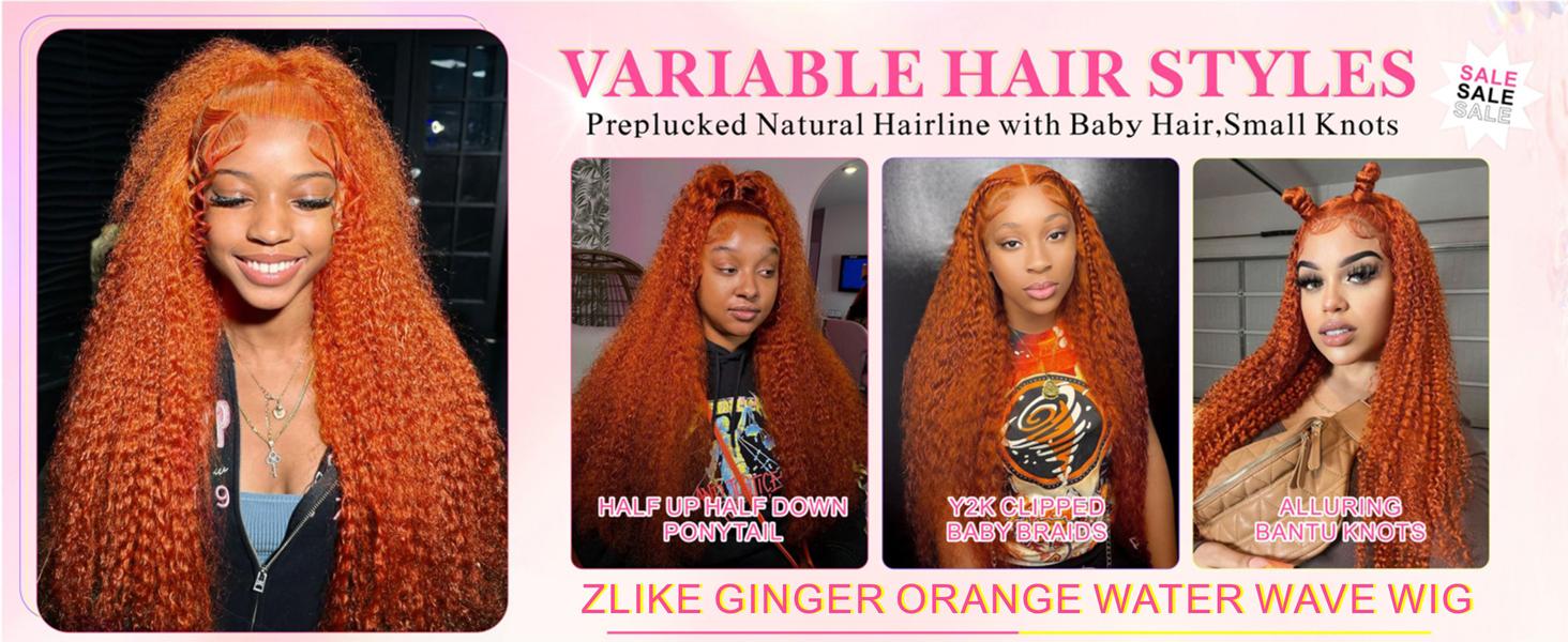 ZLIKE Ginger Orange 13x6 Water Wave Hd Transparent Lace Frontal Wig Curly Deep Wave Wig Pre Plucked #350 Color /Highlight 427 Wavy Human Hair For Women dealsforyoudays