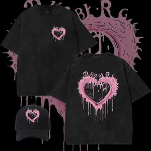 Pink element fun heart pattern washed T-shirt, graffiti heart pattern, punk rock former Wego style anime men's and women's T-shirt, Valentine's Day gift, free baseball cap