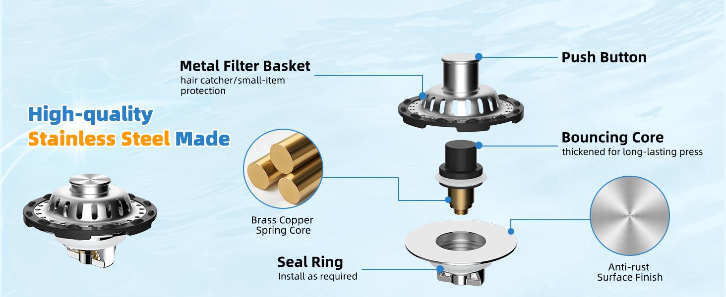 Upgraded Bathroom Sink Drain Stopper with Visible Top Stainless Steel Filter Basket Hair Catcher, 3 in 1 Pop-up Sink Strainer Fit for Standard 1.1''~2.36'' Basin Hole, Not for Bathtub, Chrome