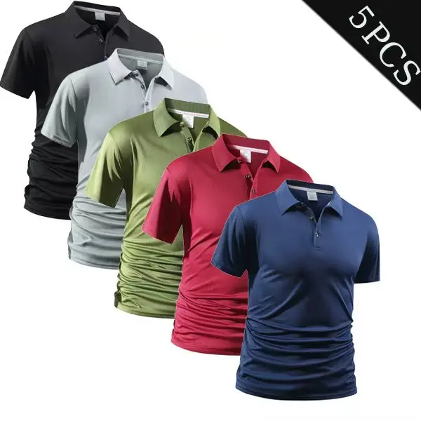 Men's 5-Pack Fitted Moisture-Wicking Pique Polo Shirts - Solid Color Short-Sleeve Collared Casual Daily Tops, Casual Polo Shirts, Pique Polo Shirt