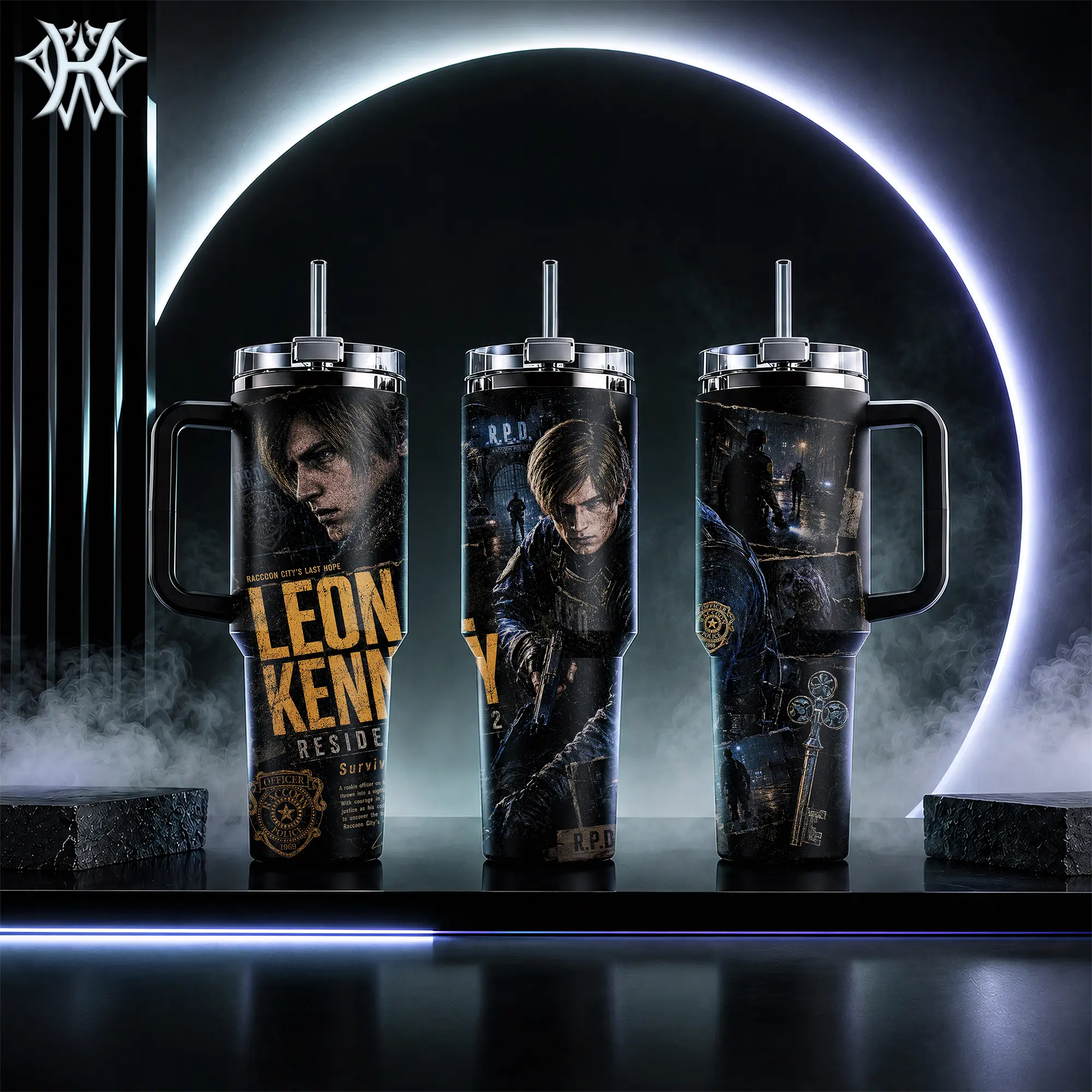 Leon S. Kennedy Tumbler 40oz with Handle 20oz Skinny Insulated Cup R.P.D. RE2 Remake Gaming Merch Stainless Steel Water Bottle Gift for RE2 Fans Gamer Gear Raccoon City Coffee Mug