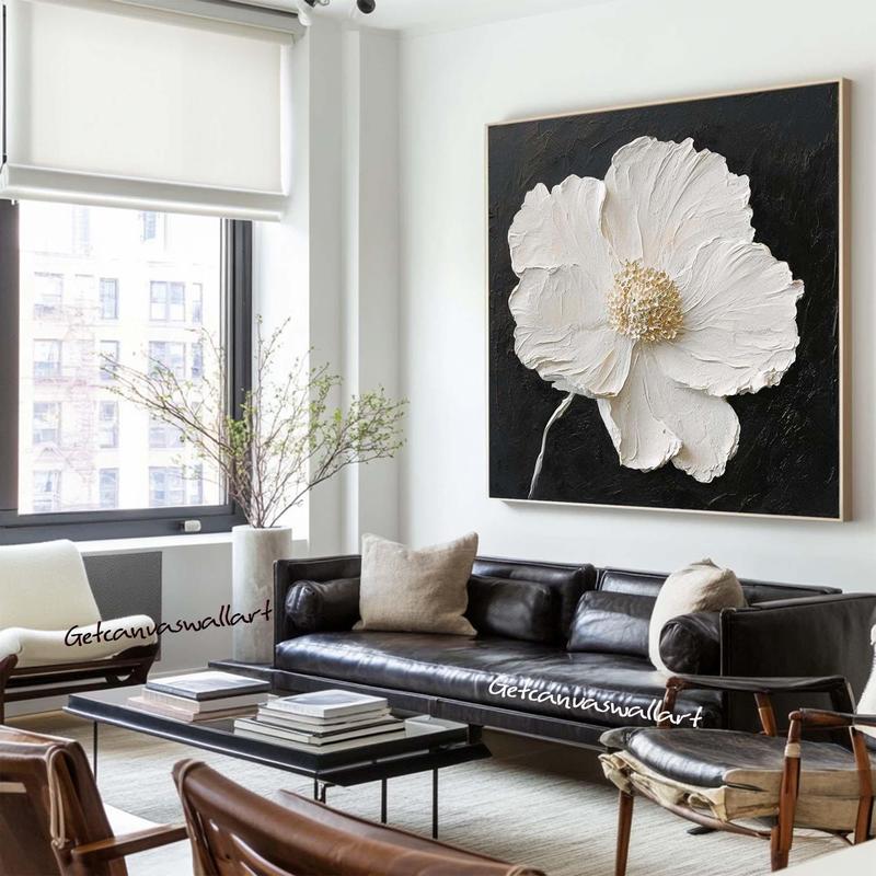 [Unframed] Black & White Impasto Flower Painting Large Minimalist Textured Floral Wall Art Print Modern Wall Decor