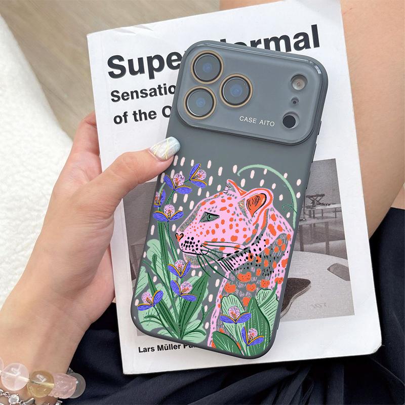 Pink Leopard Art Case for iPhone 17 Pro Max 17Air 17 16E 16 15 14 13 12, Ultra Skin-Friendly TPU, All-Inclusive Glass Lens Protection, Aesthetic Leopard Print Gift, Dopamine Ins Style Solid Color Cover, Shockproof Slim Case, Lens Window Design