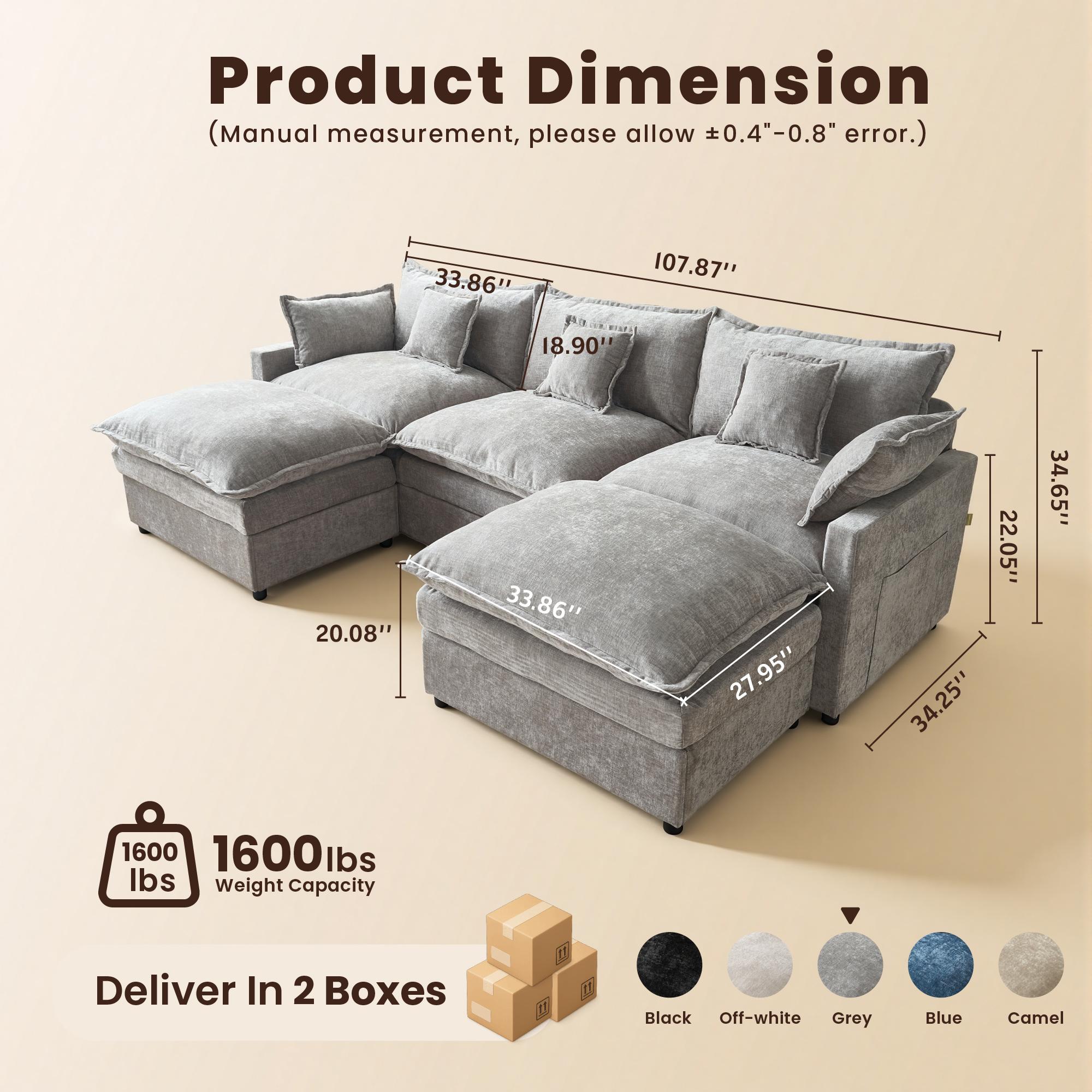 【2/3 Packages Shipping】Ovios 143" U-Shaped Modular Sectional Sofa with 2 Ottomans, Comfy Chenille Cloud Couch, Deep Seat Sofa Bed with 5 Pillows for Living Room, Bedroom & Apartment