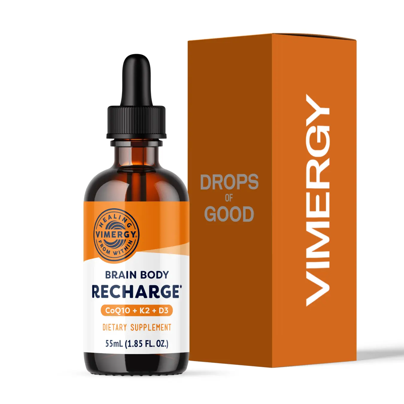 Vimergy Brain Body Recharge 55mL - Liquid Coq10 with Vitamin D3 & K2 (Coenzyme Q10 45mg, D3 1000IU, K2 180mcg) Co q 10 Supplement for Women, Men & Kids - Fights Fatigue, Boost Energy