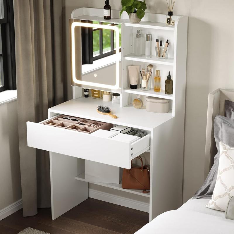 Modern LED Vanity Table, Makeup Desk with Mirror&Lights 3 Color Modes,Drawers&Shelves, for Girls Bedroom,Perfect Gift for Her – bedroom essential
