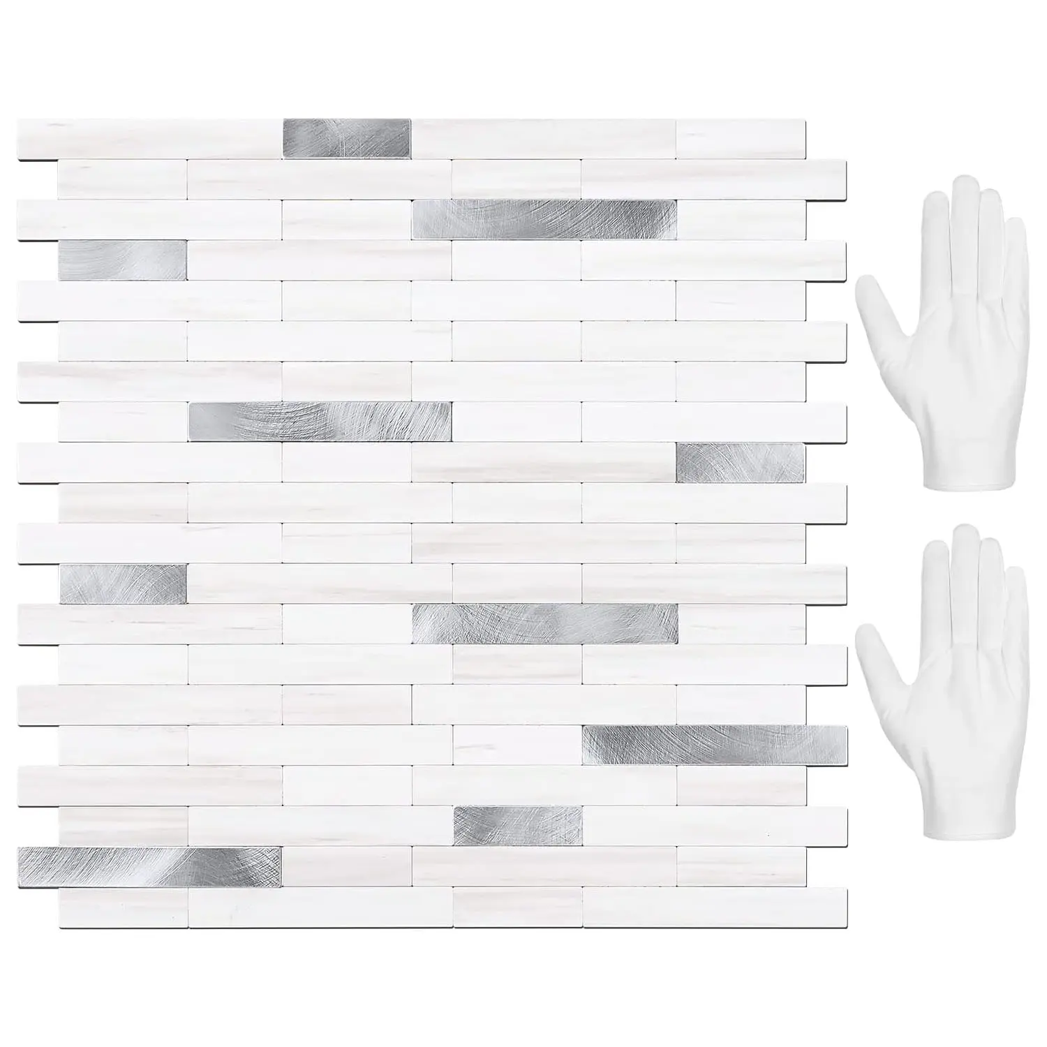 STICKGOO 10 Sheets Peel and Stick Backsplash Tile, Stick on Backsplash for Kitchen and Bathroom, Dolomite White Marble Look PVC Mixed Metal Silver Self Adhesive Wall Tiles