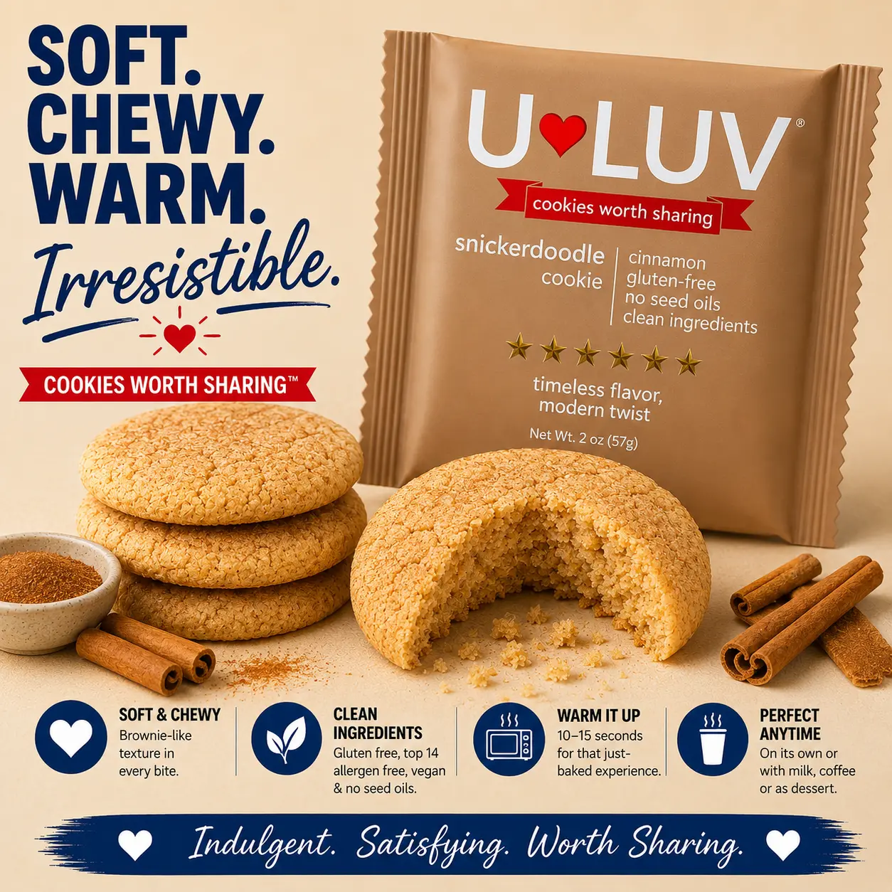 U-LUV Snickerdoodle Cookie 4-Pack | Soft & Chewy Cookies | Gluten Free | Made with Avocado Oil | Clean Ingredients | Allergen Friendly
