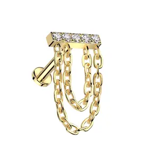 Internally Threaded CZ Crystal Lined Bar with Double Dangling Chains Flat Back Stud - ASTM F-136 Implant Grade Titanium