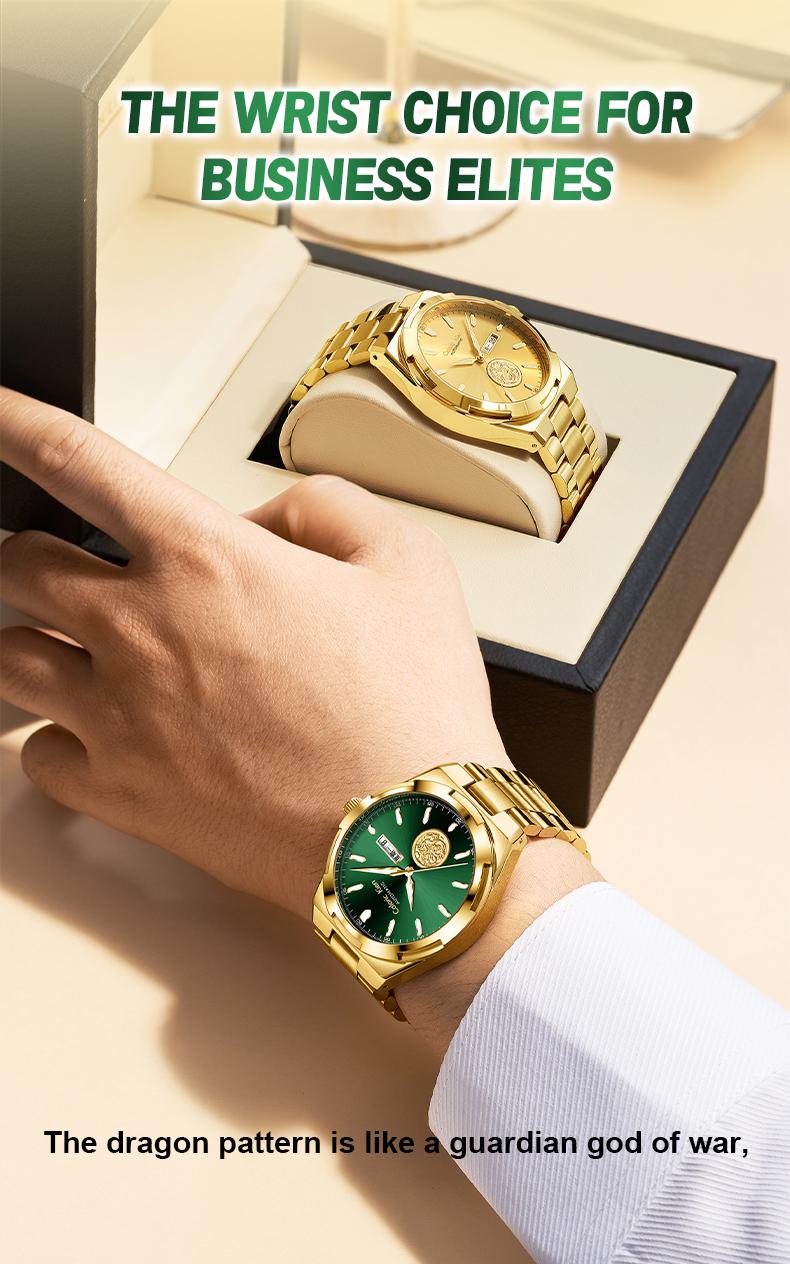 Calonic Kien Men's Luxury Swiss Automatic Gold Watch with Dual Calendar 42mm Stainless Steel Band Luminous Display Water Resistance Buckle