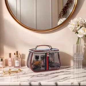 New Retro Vintage Vanity Bag, Large Capacity Makeup Organizer for Women, Ladies Travle Storage Case, Waterproof Transparent Toiletry Bag, Portable Skincare Storage Case (Brown)