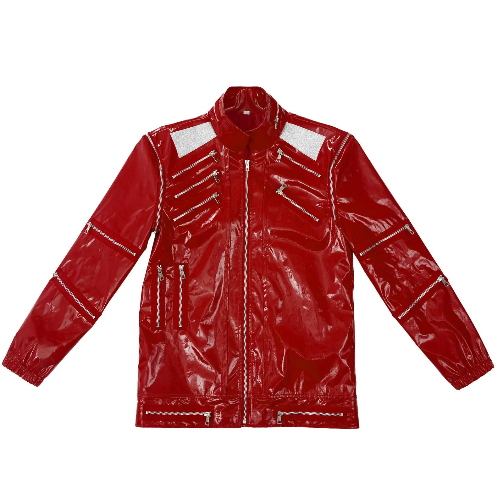 Red PU leather jacket Halloween Cosplay Costume with unique zipper, classic dancewear, party outfit, stage costume, Halloween concert performance outfit