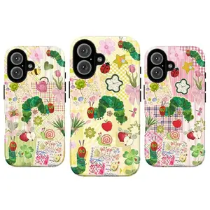 JIACC Cute Caterpillar Collage Phone Case For iPhone 17 ProMax Plus Air 16 15 14 13 12 11 X XR & SamsungS25 S24 S23 S22 Ultra, Whimsical Pastel Floral Patchwork Design|Kawaii Fruit Snail Ladybug Art, Best Gift