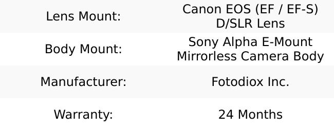 Fotodiox Lens Mount Adapter - Canon EOS (EF / EF-S) D/SLR Lens to Sony Alpha E-Mount Mirrorless Camera Body
