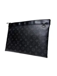 Pre-owned Louis Vuitton Canvas Clutches & Wristlets Authentic Monogram Eclipse Discovery Pochette GM M62291 Black/Grey Clutch Bag with Cowhide Trim & Top Zip Closure