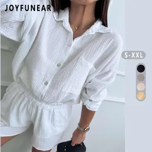 Joyfunear Women's solid color woven button up shirt top and shorts set
