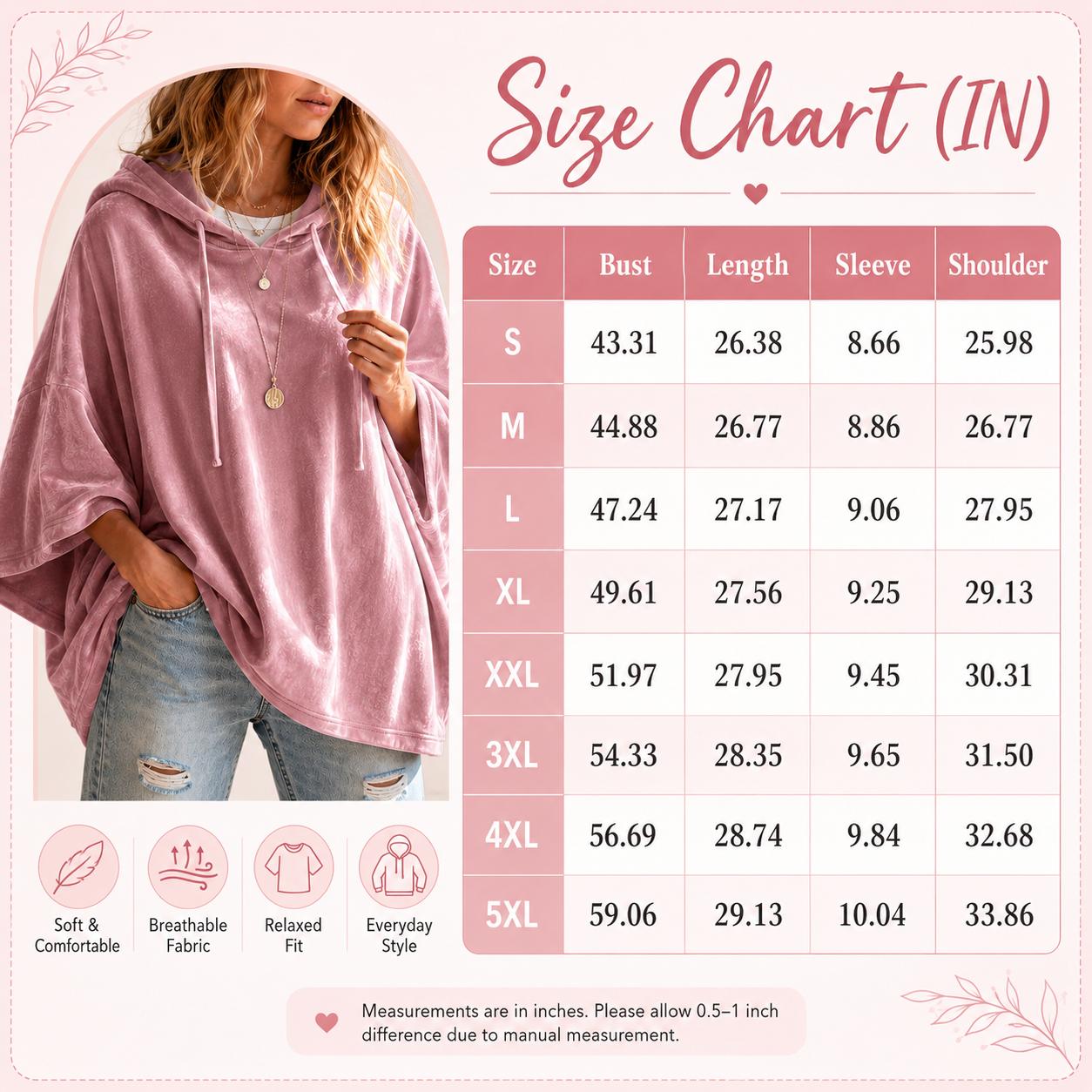 Women's  Hoodie, Oversized 3/4 Sleeve Pullover Top with Adjustable Drawstring Hood, Loose Fit Casual Sweatshirt for Fall Winter Lounge & Streetwear