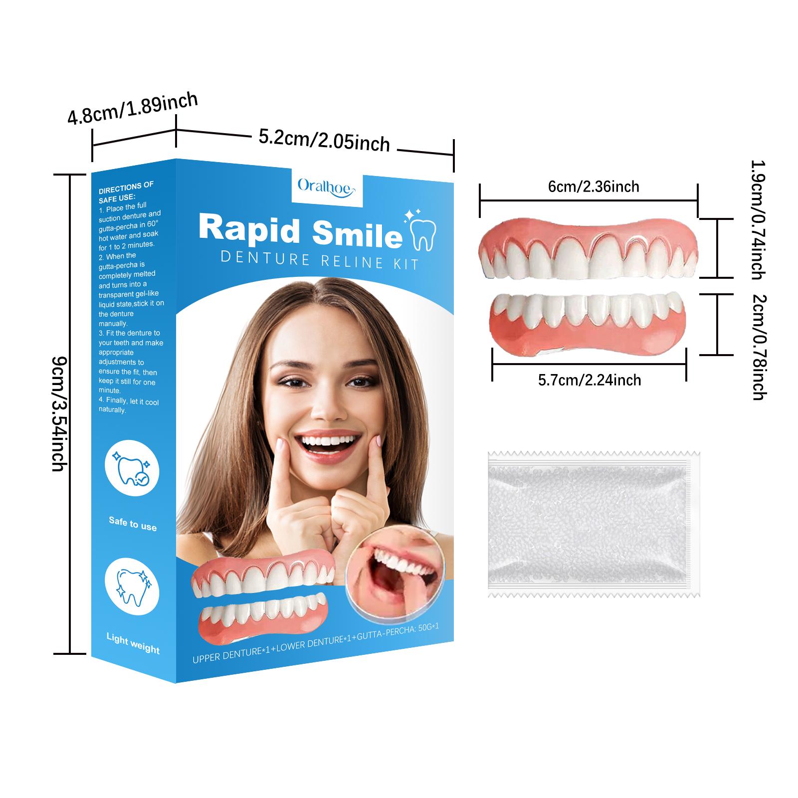Comfortable and Adjustable Denture Sets, Perfect White Veneers, Create A Professional Smile, Travel Accessories，Upper and lower denture plates can be shaped, and the white particles are filling materials.