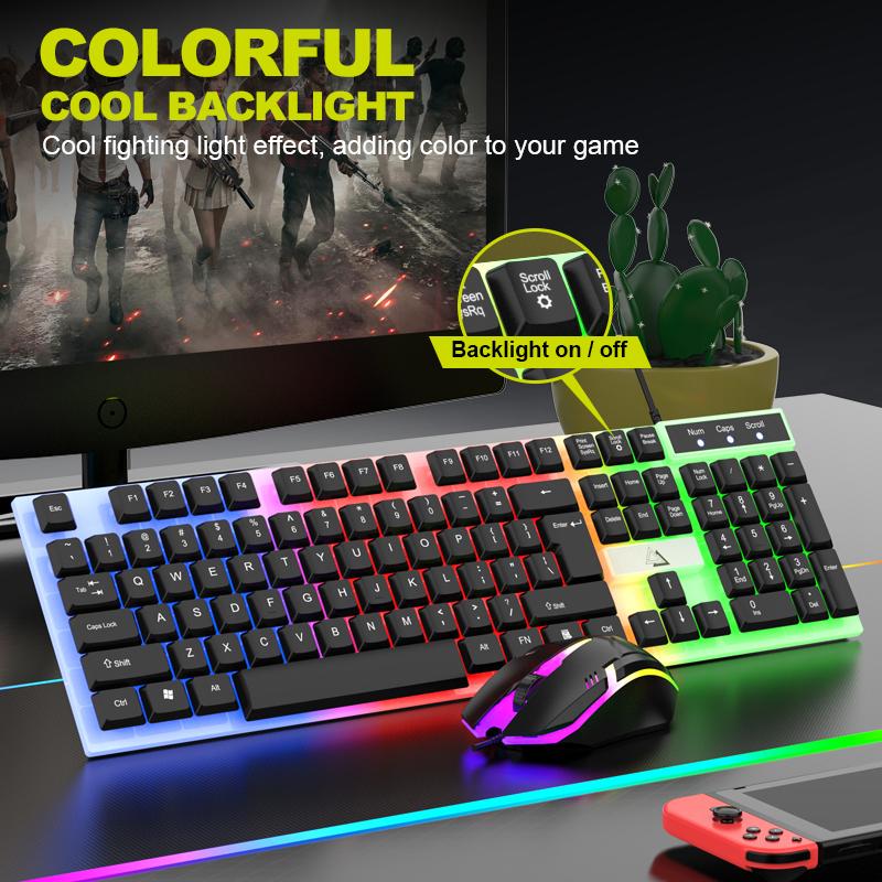 USB Wired Gaming Keyboard Mouse Combo Set RGB LED Backlit For PC / Laptop / Windows / Mac - Black & White