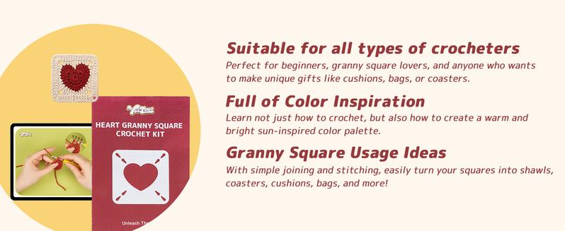 Crochet Kit for Beginners Granny Square Starter Kit Knitting Kit for Adults & Teens Including Yarn Crochet Hook Heart Design
