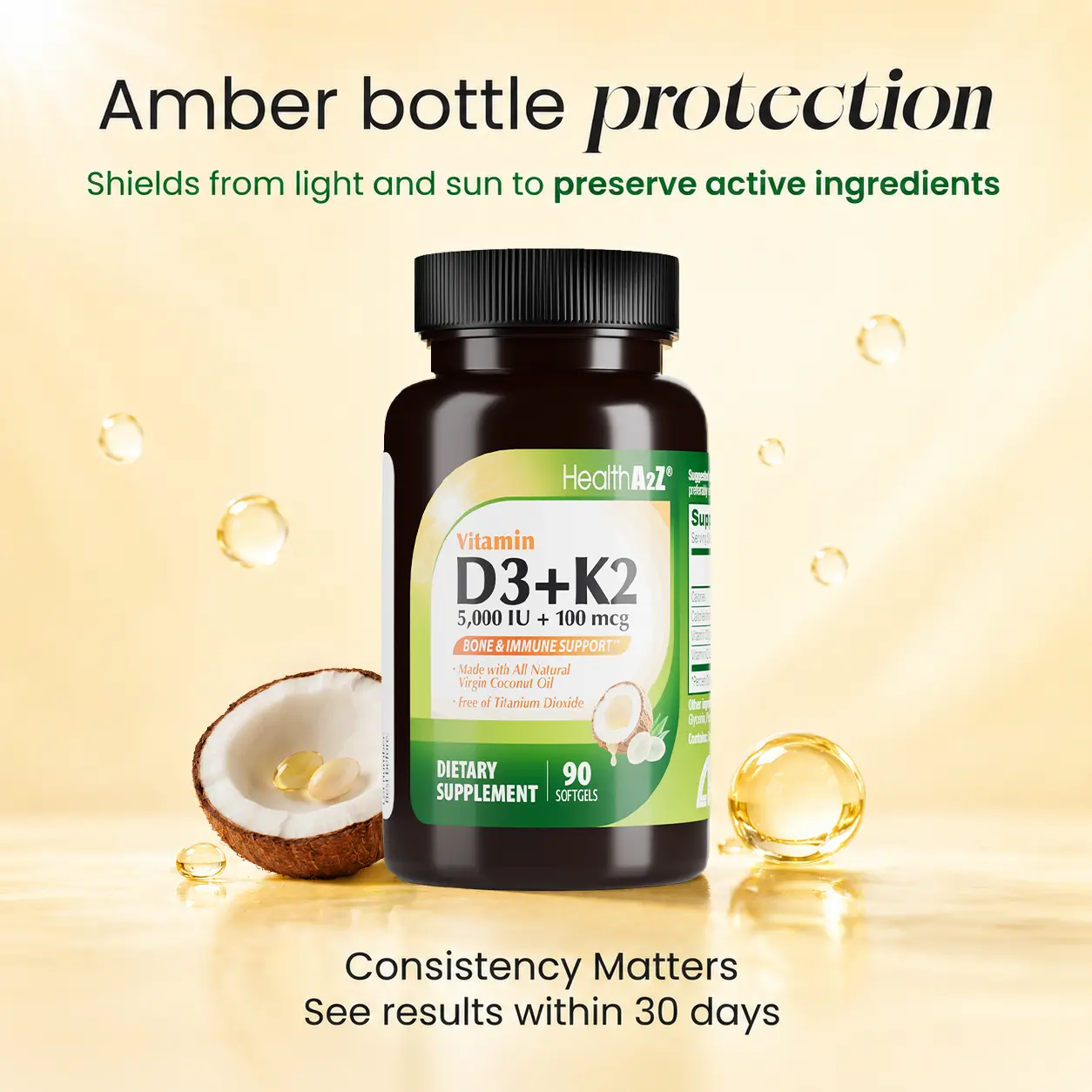 [Coconut oil] HealthA2Z Vitamin D3 + K2 Made with Virgin Coconut Oil (Natural MCTs) - 90 Softgels (Pack of 1) - Bone, Teeth, Mood, Immune Health Support - Helps Calcium Absorption - Supports Cardiovascular Health