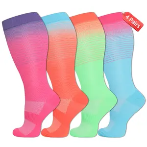 ISUNIE 4 Pairs Plus Size Compression Socks Striped socks for Women & Men Wide Calf Sports Socks Support for Running, Climbing, Hiking, Ideal for All-Day Support
