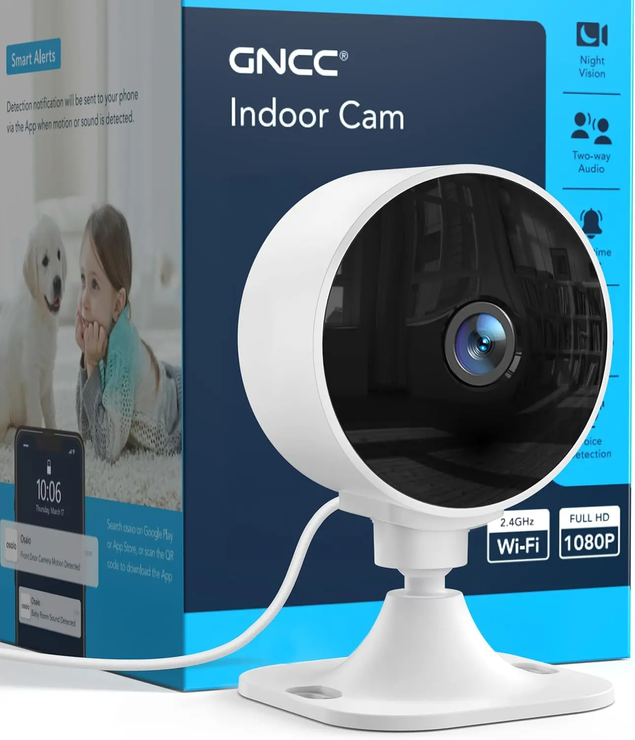GNCC Compact Indoor Security Camera (Smart Home Gadget) with Wall Mount, 2.4G Wi-Fi, Full HD 1080P, AI Motion Sensor, Sound Alert, 2-Way Audio, Night Vision, Cloud & SD Card Storage - Works with Alexa, Google Home for Surveillance, Baby Monitoring, Smart