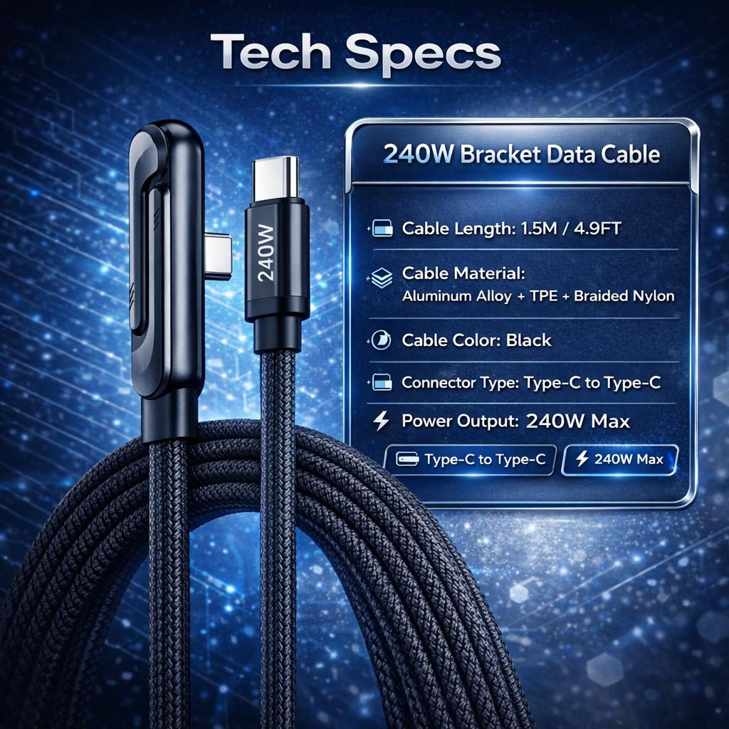 LWW 240W USB-C to USB-C Fast Charging Cable with Built-in Phone Stand, Right Angle Braided Type-C Cord for iPhone 15, iPad, MacBook, Gaming & Desk Use, PD 3.1 Durable Charger, 3-Pack