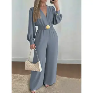 A set of casual women's waist cinched jumpsuit V-neck bubble sleeve wide leg pants, suitable for autumn and winter, suitable for home, indoor, and outdoor wear