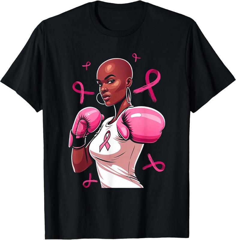 Women's Cotton Round Neck Short-Sleeve Tshirt - African American Afro Pink Ribbon Breast Cancer Awareness, Everyday Wear, Streetwear Fit, 3XL-4XL, 4-Season, Cotton Fabric