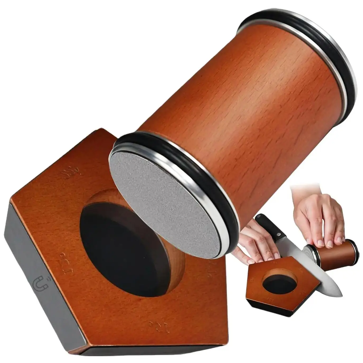 Diamond & Ceramic Disc Rolling Knife Sharpener Set, Kitchenware with 15°-20° Angle Options, Natural Wood Grips, Magnetic Base, 5-Sided Magnetic Suction, #400+#1000 Grit, Magnets, No Battery, for High-Carbon & All Steel Kitchen Knives, Sushi Preparation