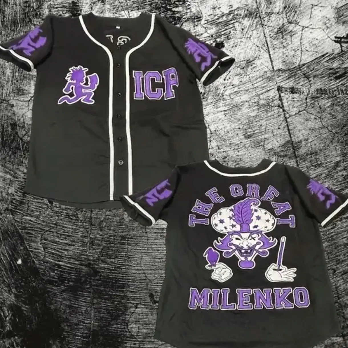 Black & Purple Milenko Baseball Jersey, ICP Juggalo Button Up Jersey, Horrorcore Fan Shirt