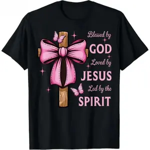 Blessed by God Loved by Jesus Pink Coquette Bow And Cross T-Shirt Black Pieces Prints Womenswear