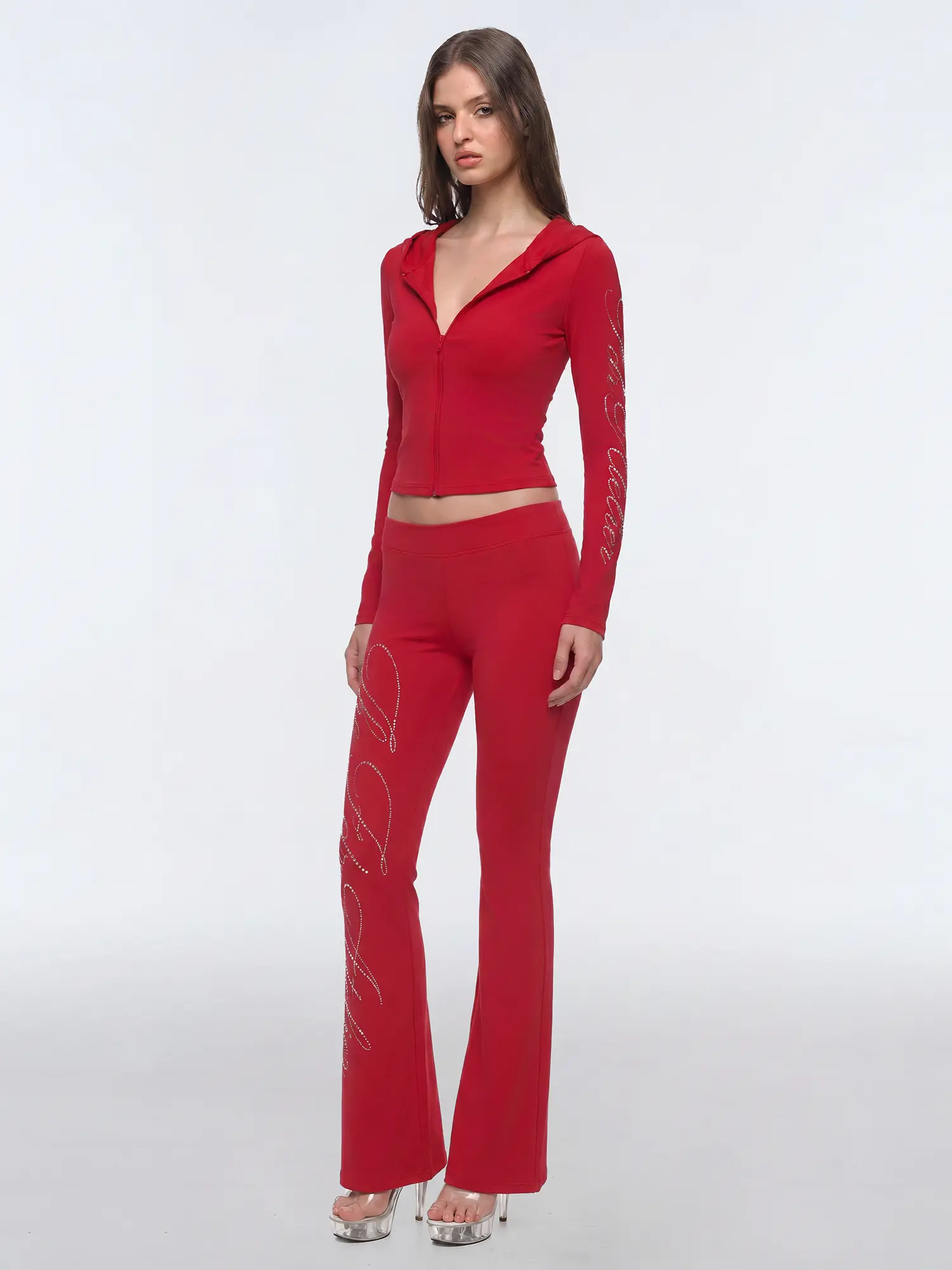 FDR Rhinestone Script Hoodie and Flare Pants Set Slim Fit Women Fall Winter, Tracksuit Set, Full Sleeves, Rhinestone Accents Womenswear Fitted Fitted