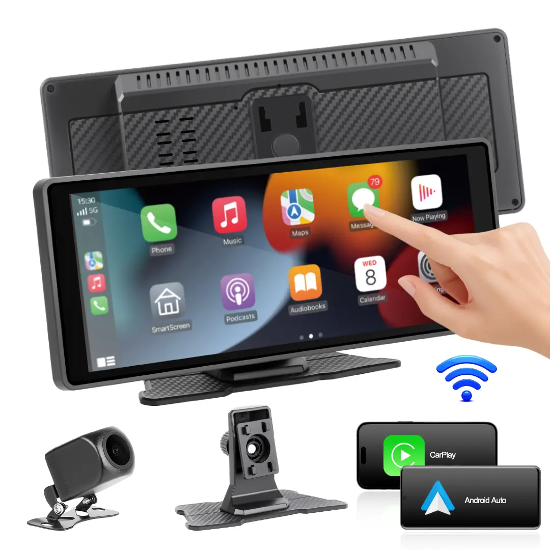 【FOZETOP】2026 Premium Wireless CarPlay Dash Cam with 10.26 inches Portable Touchscreen, Android Auto, Dual-Band WiFi, FM, USB Type-C Fast Charge, H.264, Bluetooth, Built-in Rear View Camera Input
