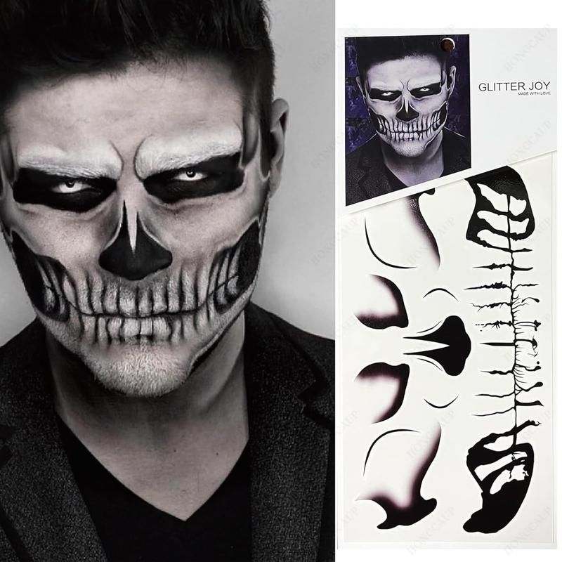 Fake Zombie Face Tattoos & Day of Dead Skull Stickers - Halloween Makeup Kit Accessories, Temporary Tattoo for Costume Prank, Women Men, Realistic Scar Wounds FX (3 Sheets)